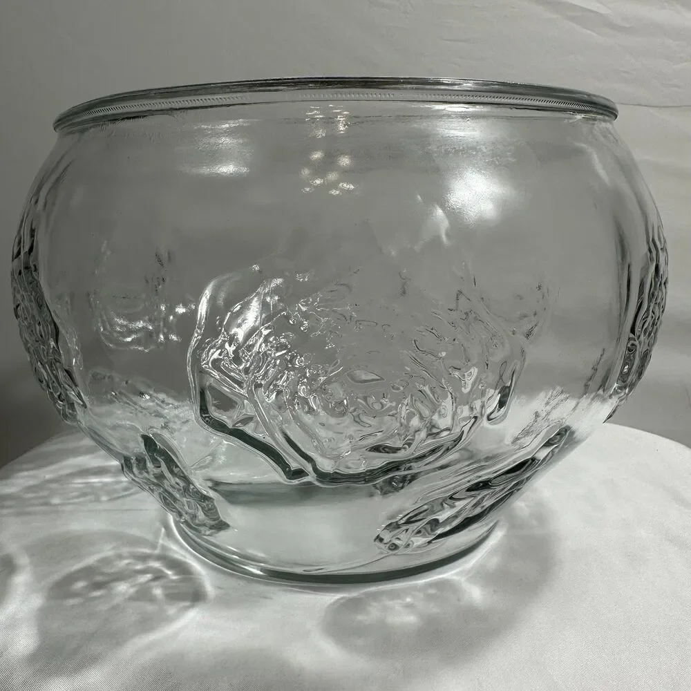 Punch Fruit Bowl Glass Clear Embossed Rose Design Party/Holiday Décor